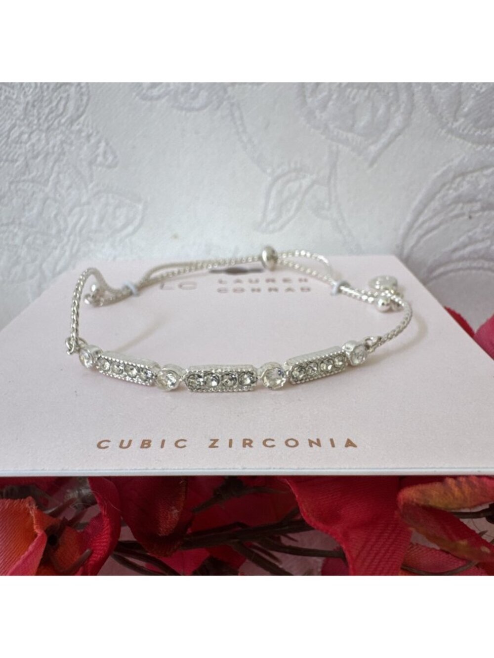 LC Lauren Conrad Silvertone CZ Thin Adjustable Charm Slide Bracelet Summer NWT